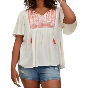 Torrid Boho Embroidered Tunic Top White & Red | Size 00